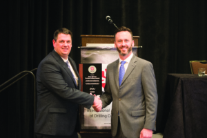 During the IADC Health, Safety and Environment Conference in Houston, IADC President Jason McFarland presented Ryan D’Aunoy of Precision Drilling with a plaque in recognition of his exemplary service and leadership in 2017 as Co-Chairman of the IADC HSE Committee. As Co-Chair of the Committee, he helped steer two of IADC’s key industry initiatives, including the IADC Incident Statistics Program (ISP) and the IADC Safety Alert Program.